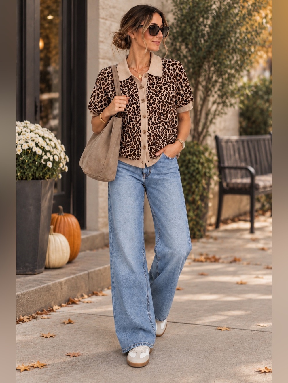 Olive & Oak Beige and Brown Leopard Short-Sleeve Button-Down Cardigan